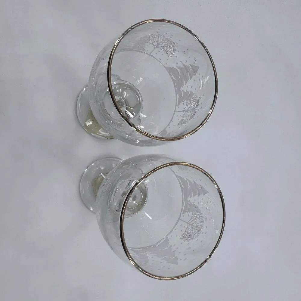 Frosty Pines Libbey Handblown Goblets 7” Winter Wonderland Gold Rim Set of 4 New